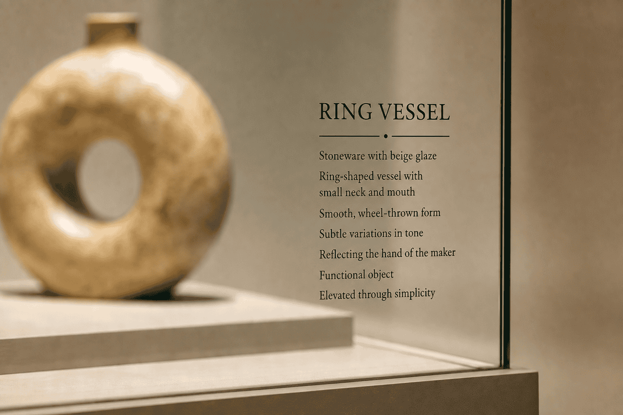 Object label applied inside a museum case beside a ceramic ring vessel