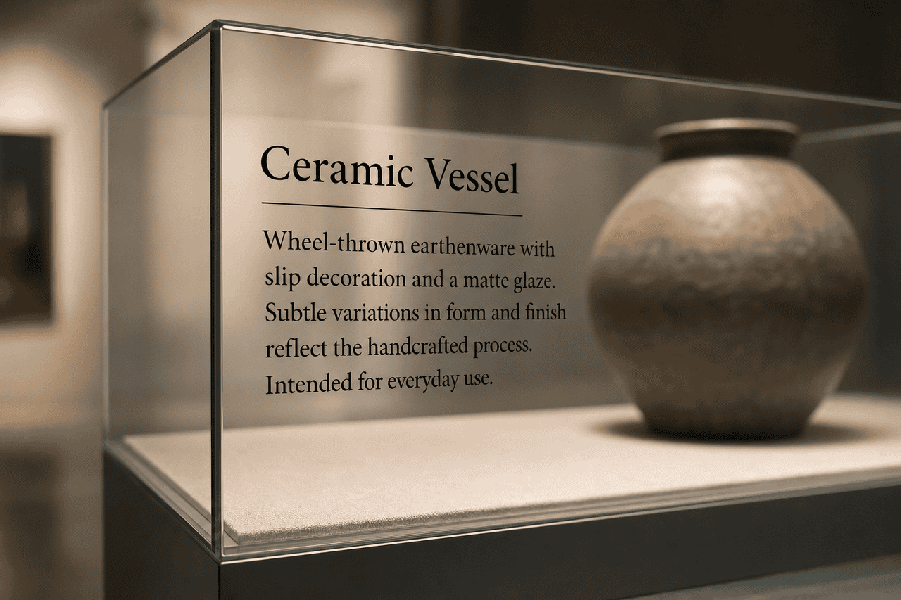 Close-up of an object label on glass, showing crisp type detail beside a ceramic vessel
