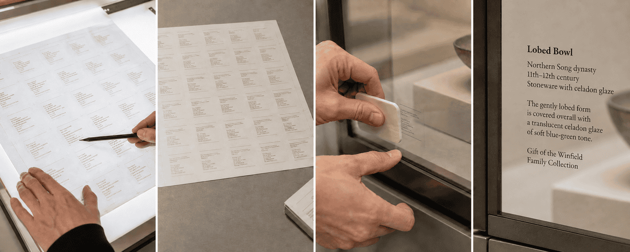Four panel sequence: proofing the layout, the uncut label sheet, applying a label with a burnishing tool, and the finished label on a case