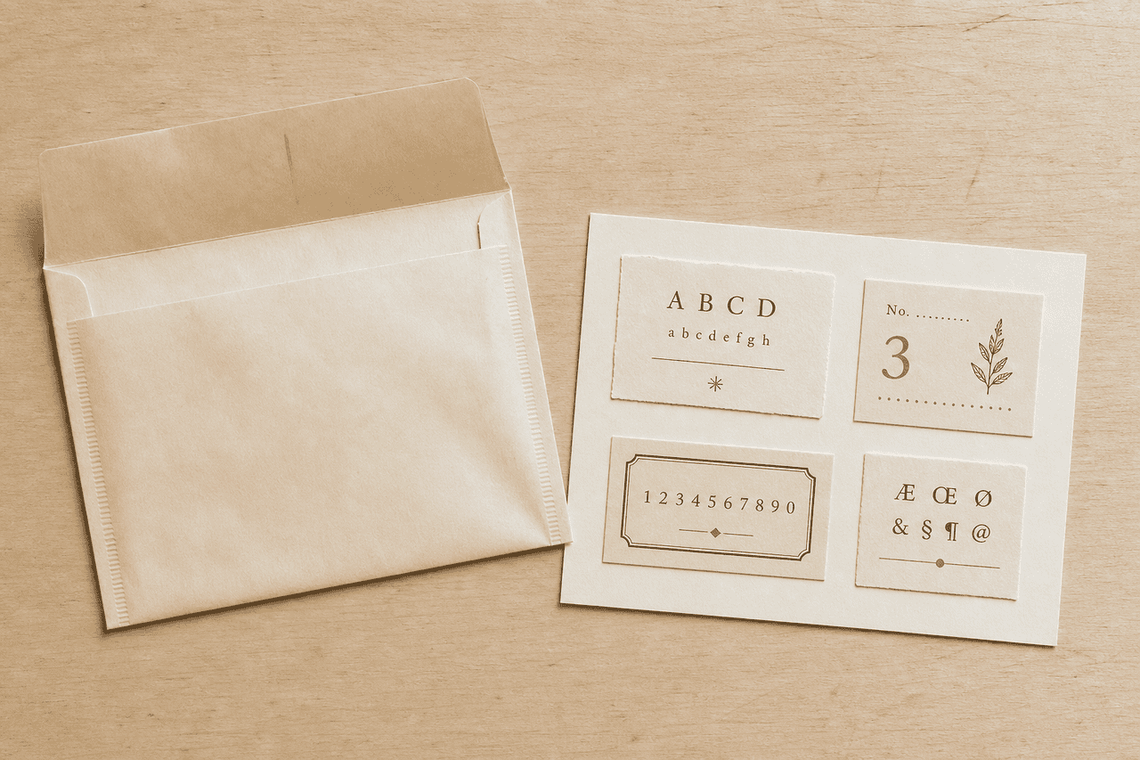 Sample envelope opened flat beside a sheet of example labels in different type styles