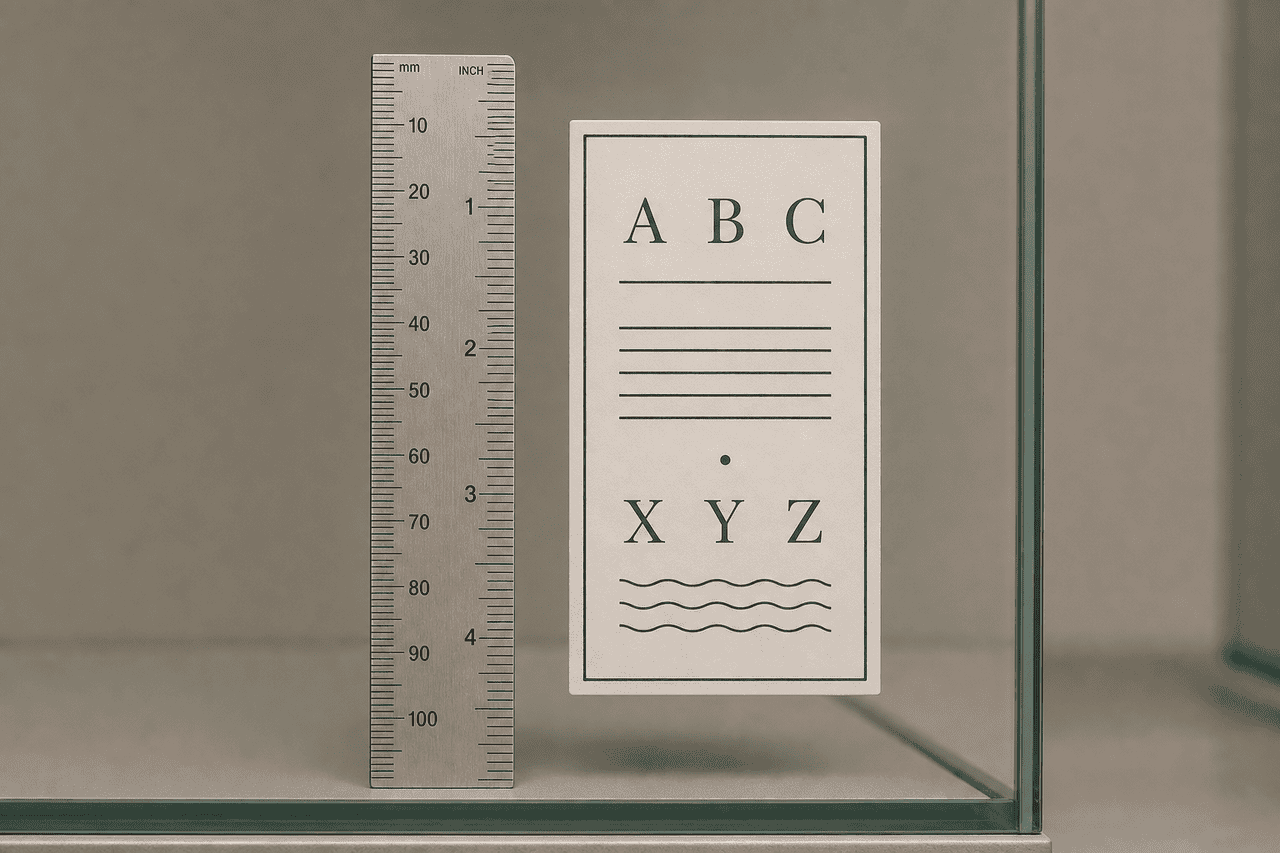 Ruler beside a label showing true-to-scale size reference