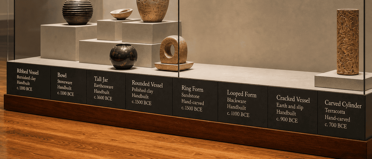 Finished museum case display with multiple labeled objects and identification plaques