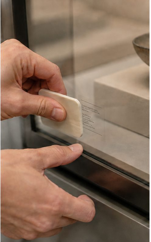 Applying a museum object label to a display case with a burnishing tool